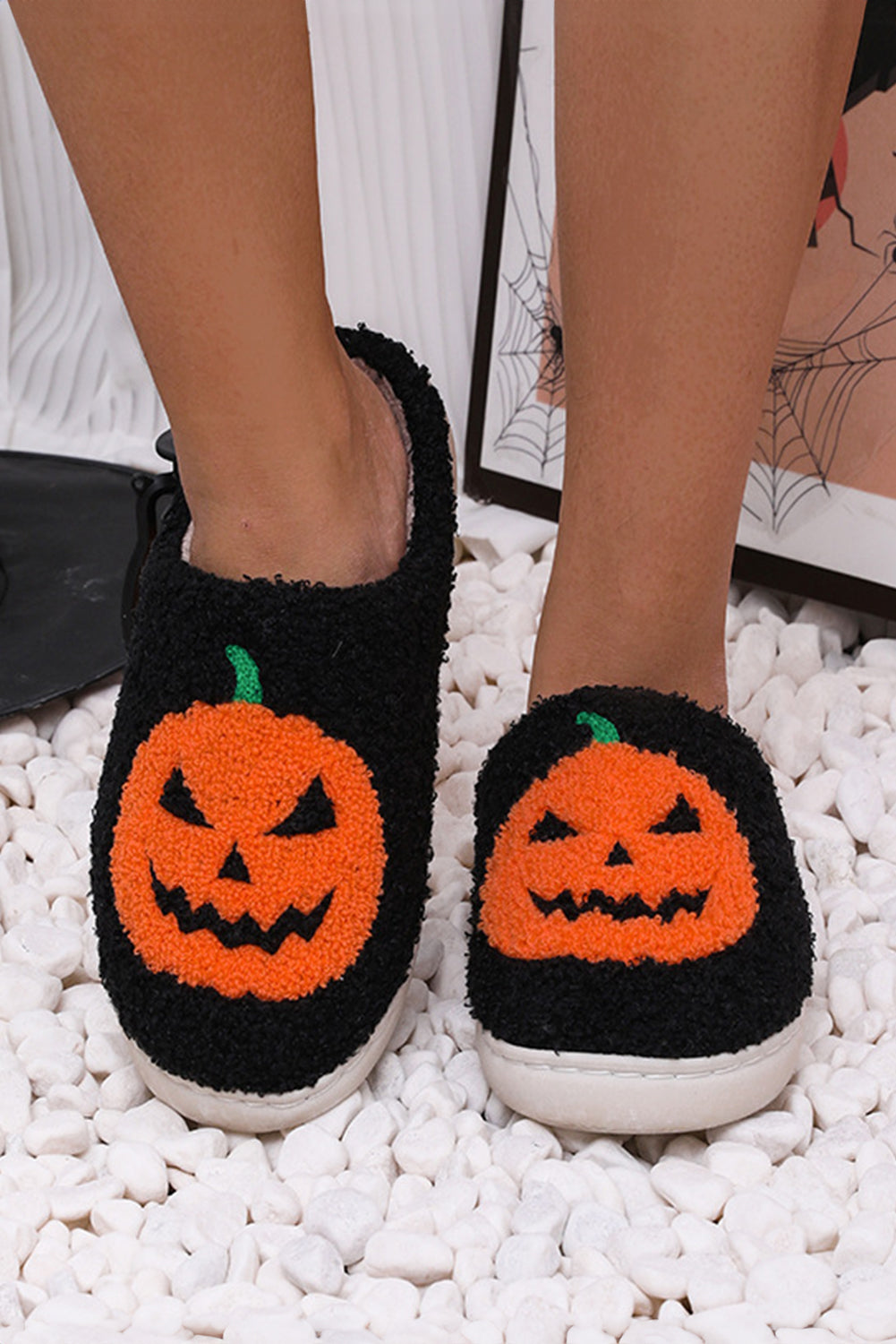 White Halloween Pumpkin Print Plush Slippers