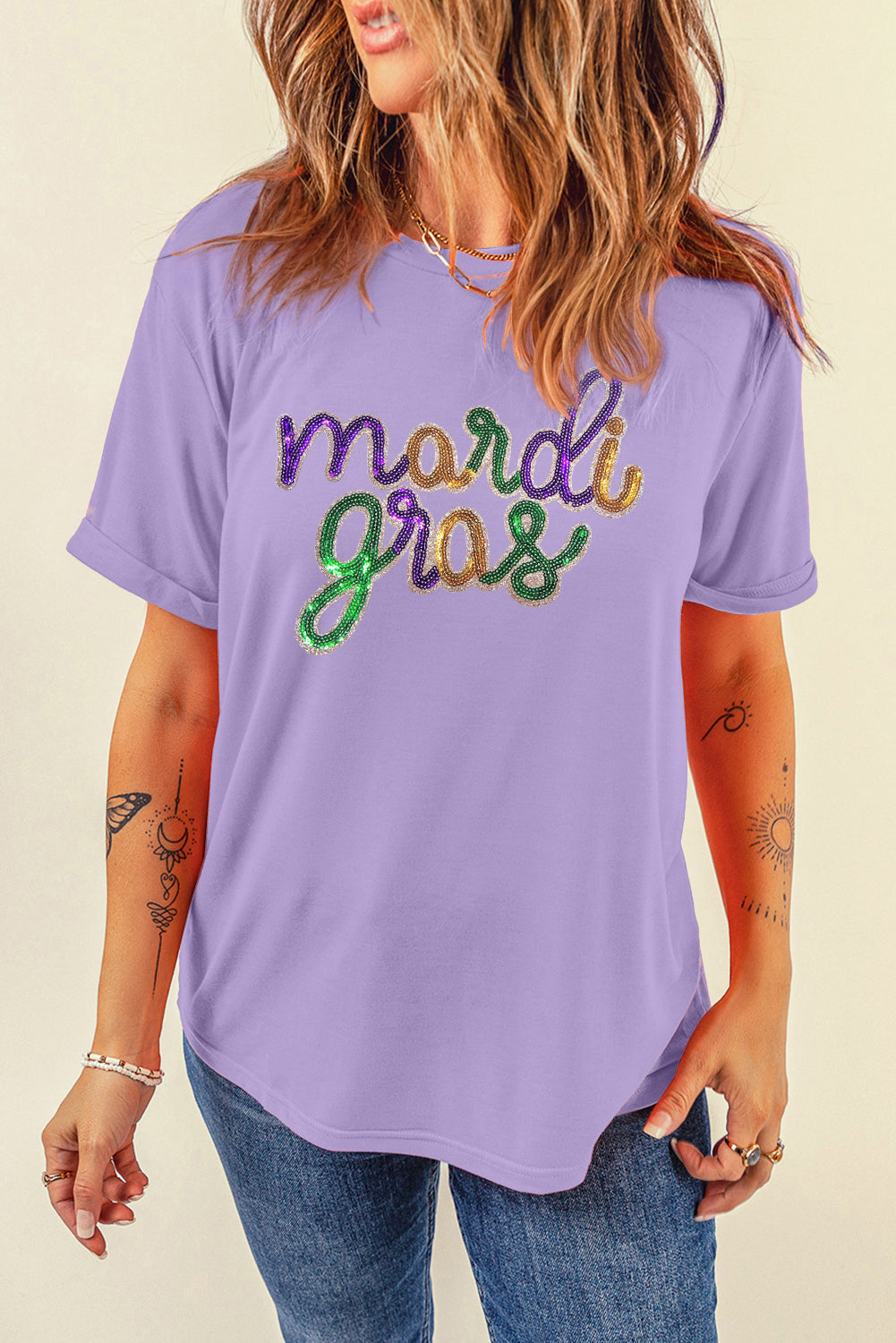 White Sequin mardi gras Letter Print Crewneck Tee