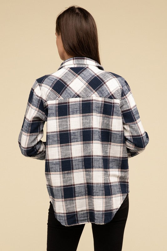 Cotton Plaid Shacket With Front Pocket