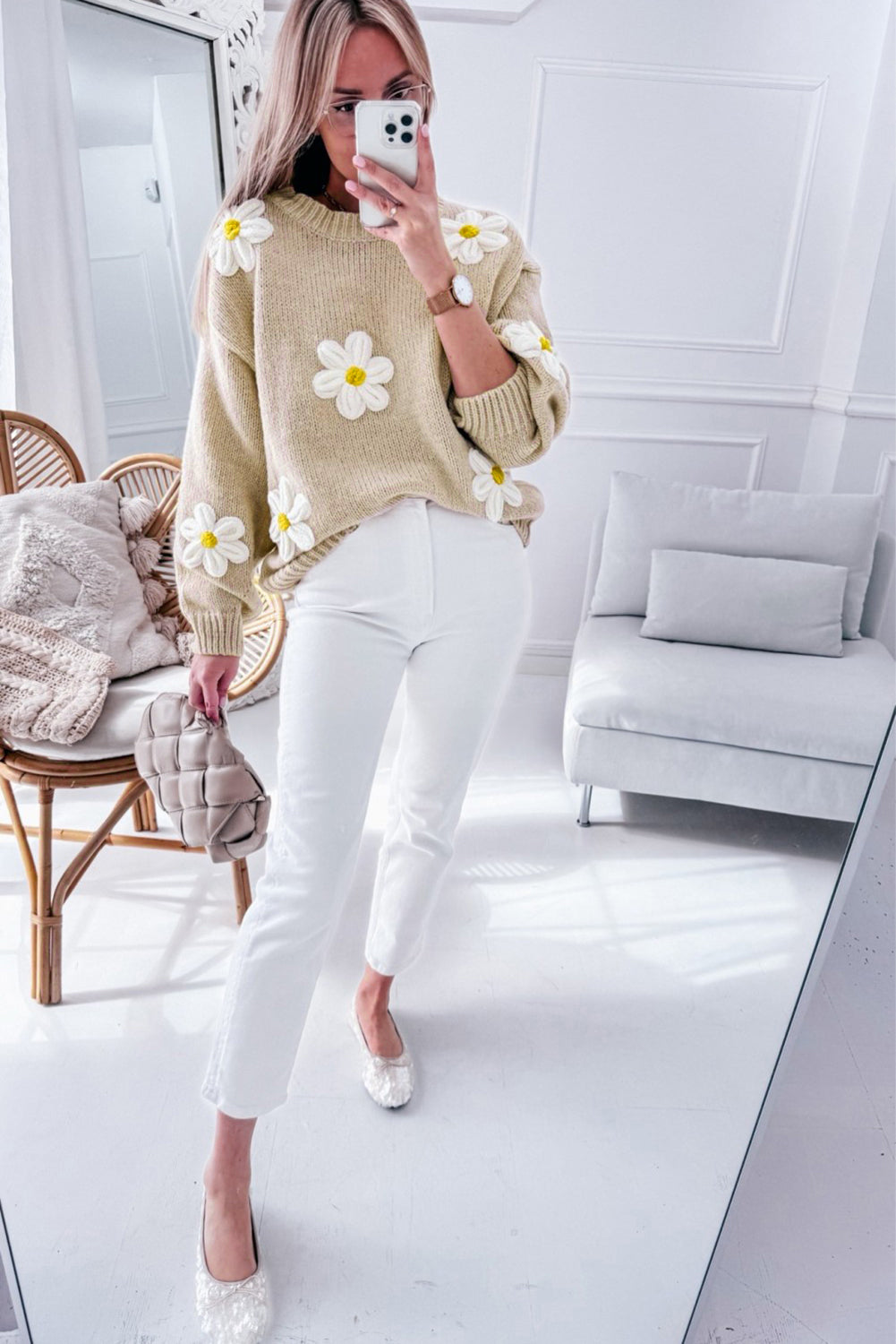 White 3D Flower Detail Loose Sweater