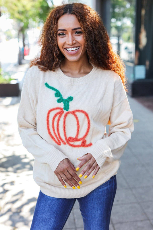 PumpkinMetallic Yarn Embroidered Sweater