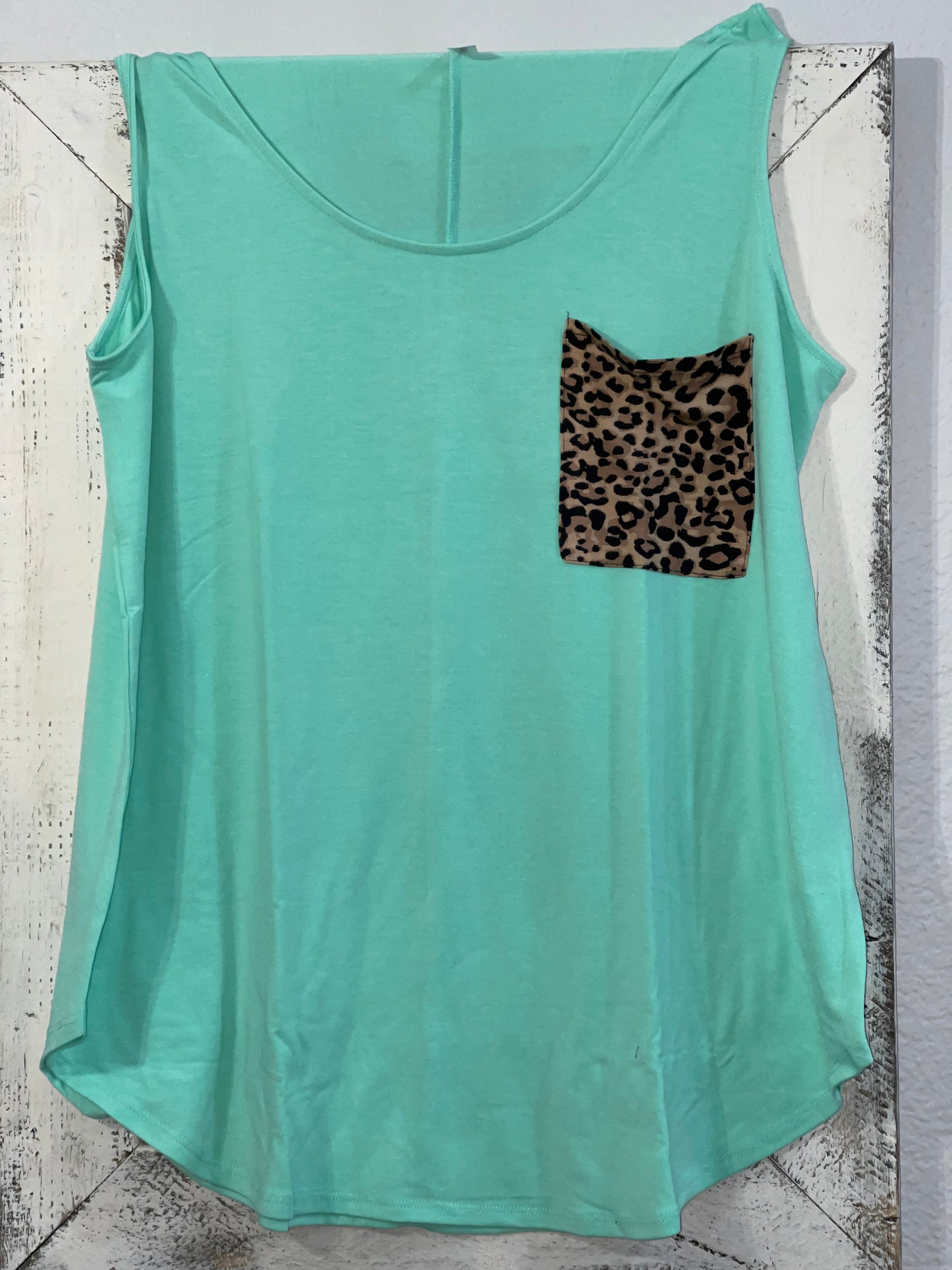 Mint Green Sleeveless Shirt with Leopard Pocket